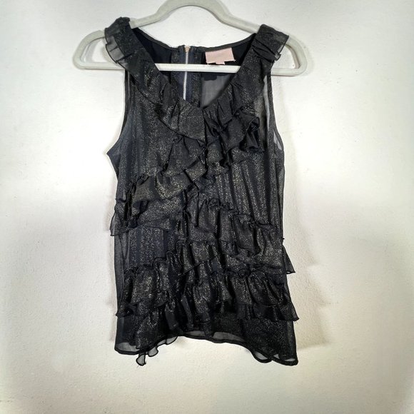 Romeo and Juliet Couture Sheer Sleeveless Blouse Ruffles Black Gold Shimmer Sz S - Picture 7 of 8